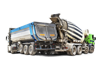 Fototapete - Concrete mixer and dump truck close-up on a white isolated background.Construction equipment for earthworks. construction equipment group. element for design.