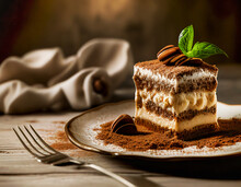 Scrumptious delicious tiramisu on a plate dusted with cocoa powder decorated with fresh mint. Italian cuisine pastry concept