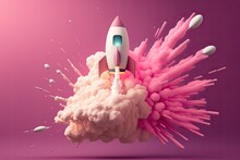 Concept Of Original Thought And New Ideas. Illustration Of A Rocket In Flight On A Pink Background. Generative AI