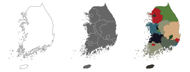 South Korea map set with gray and multicolor. PNG.