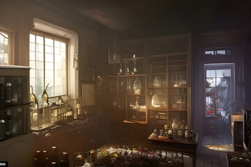 Poster - Alchemist lab. A strange and creepy cabinet of curiosities filled with lots of bottles and glass jars. CG Artwork Background. AI generated digital illustration