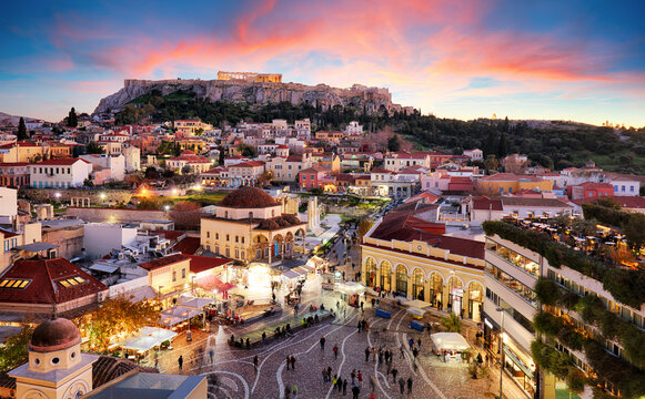 panoramic view over the old town of athens and the parthenon temple of the acropolis during sunrise