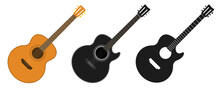Guitar Acoustic Vector Silhouette Simple Graphic And Flat Cartoon Black White Design Illustration, Modern And Old Retro Musical Instrument Clipart Image