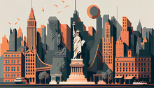 Illustration Inspired By The Postcards And Posters Of The 70s, The New York Skyline, Emblematic Buildings And The Statue Of Liberty. Pastel Colours. Oranges And Greens