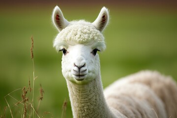Wall Mural - One white alpaca grazes peacefully in a field of green. An alpaca's head is the sole subject of this close up photograph. Generative AI