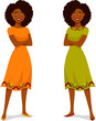illustration of a happy African American woman, smiling with her arms crossed, wearing an orange or green dress