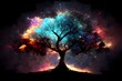 Cosmic nebula growing gigantic tree, growing on asteroid, universe, majestic, dreamy, extraterrestial planet. Generative AI