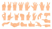 Hands Poses. Cartoon Hand Gestures Count On Fingers, Pointing, Handshake, Thumb Up Like And Dislike. Human Palm Vector Illustration Set. Showing Signals As Victory, Rock, Body Language