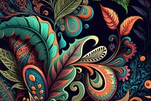 Floral And Vintage Leaves Abstract Colorful Paisley Pattern Background On Black Background As Digital Illustration (generative AI)