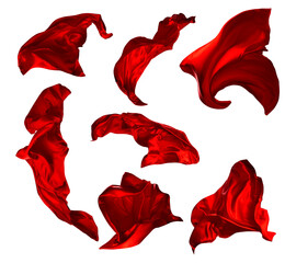 Wall Mural - Set of Red Silk Cloth flying in Air. Satin Fabrics waving on wind over White isolated Background. Group of Abstract Textile Object. Scarves fluttering