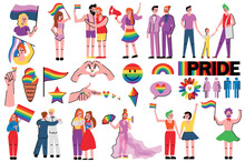 LGBTQ Elements Set Icons Concept With People Scene In The Flat Cartoon Design. Images Of Different Young People Belonging To The LGBT Community. Vector Illustration.