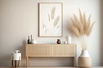 Wall Mural - Mockup of a living room wall in the minimalist Japandi style, featuring a beige wooden console and dried pampas grass decor against a bright white background. Generative AI