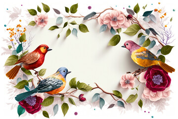 Wall Mural - Floral frame and colorful bird design, illustration generative ai