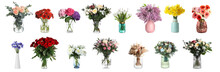 Collage With Many Beautiful Bouquets And Flowers In Different Vases On White Background