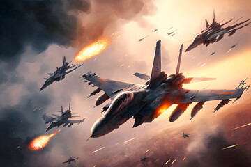 Formation of destroyer jets float in sky during aviation battle. Neural network AI generated art