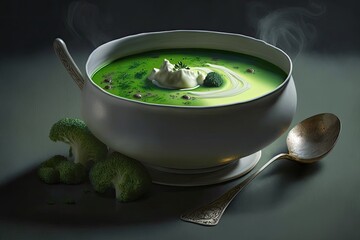 Poster - Cream of broccoli and green pea soup in a bowl, with no other elements in the scene. Generative AI