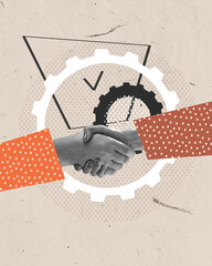 Agreement. Contemporary art collage. Conceptual design. Human shaking hands symbolizing business deal, partnership and cooperation. Concept of business, career development, teamwork, growth