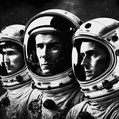 Wall Mural - poster with team of three astronauts in spacesuits. Generative AI illustration