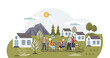 Retirement village and settlement for elderly pensioners tiny person concept, transparent background.Houses for old people to spend time together and talk illustration.