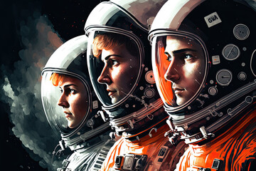 poster with team of three astronauts in spacesuits. Generative AI illustration