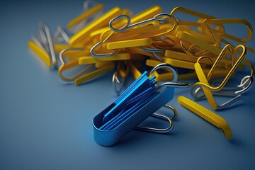 Wall Mural - One yellow paperclip broke away from the rest of the blue ones, symbolizing the light of inspiration and leadership. Generative AI