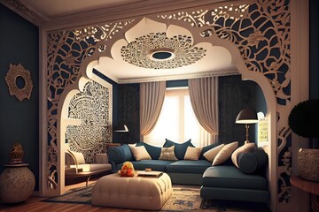 Wall Mural - Living room Islamic and Arabic concept, islamic interior design with arch, Ai generative