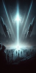 Illustration of the appearance of a UFO. Bright light and dark night. Screensaver illustration
