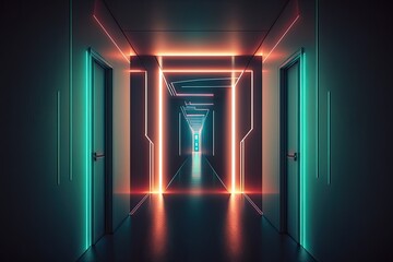 Poster - Neon beams and glow fill the background of a dark hallway. Generative AI