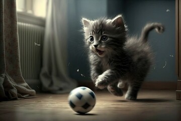 Sticker - A tiny gray kitten chases a plastic soccer ball around the room. As the name implies, these are cat toys. Generative AI