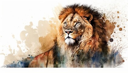 Wall Mural - Watercolor lion isolated on white background (Generative AI)