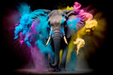 Fototapeta Sport - Elephant with colorful powder explosion all around on dark background - Generative AI