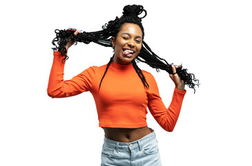young lovable woman with african hairstyle laughing during indoor photoshoot. graceful cute girl in 