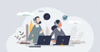 © VectorMine - Cold calling as telemarketing strategy for phone sales tiny person concept. Communication with customer offer and telecommunication proposal to buy vector illustration. Salesman team conversation.