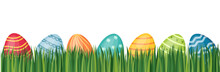 Colorful Easter Eggs On Green Grass, Vector Illustration