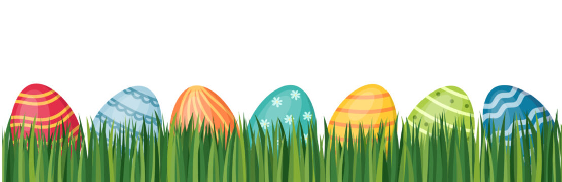 colorful easter eggs on green grass, vector illustration
