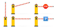 Closed And Open Car Barriers. Parking Barrier Gate Sign. Barricade With Flashing Light For Safety. Curb For Entering The Park, Garage, Construction. Parking Sign And Stop Sign. Vector Illustration
