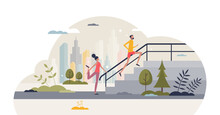 Outdoor Exercise And Running Outside On Urban Street Tiny Person Concept, Transparent Background.Healthy Fitness As Athletic Couple Everyday Training Routine Illustration.