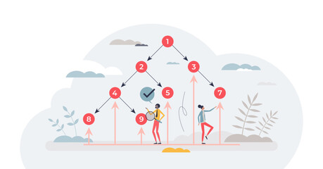 Bottom view of binary tree as data structure with nodes tiny person concept, transparent background. Computer science scheme with two children for parent in digital branch illustration.