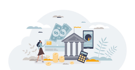 Bank account with money deposit, transactions or transfer tiny person concept, transparent background. Financial actions with mobile app for digital payment making illustration.