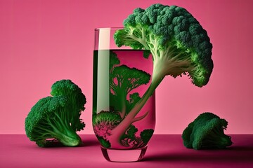 Sticker - Green juice in a glass and some crisp broccoli against a pretty pink backdrop. Generative AI