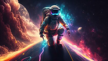Wall Mural - colorful, vivid illustrations of astronaut in space surfing on surfboard waves of galaxies generate 