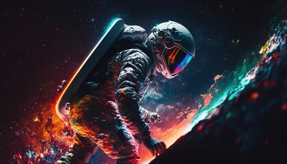 Wall Mural - colorful, vivid illustrations of astronaut in space surfing on surfboard waves of galaxies generate 