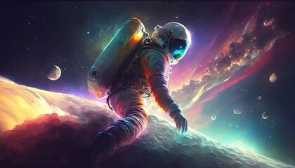 Wall Mural - colorful, vivid illustrations of astronaut in space surfing on surfboard waves of galaxies generate 
