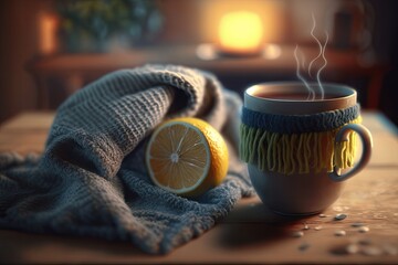 Wall Mural - In blurry focus a mug of steaming tea, a slice of lemon, and a cozy knitted scarf for the winter. Generative AI