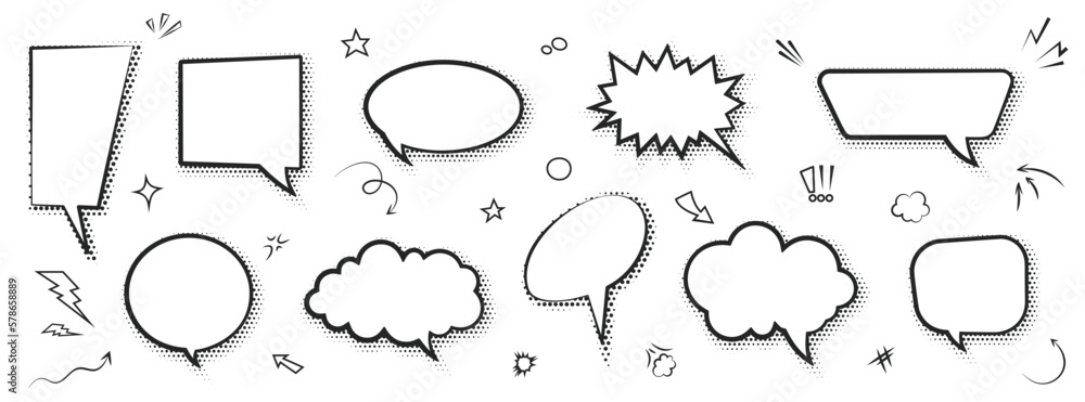Cartoon empty retro comic style speech bubbles set with black halftone ...