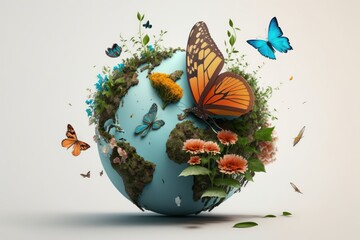 Wall Mural - Earth day background with flowers and butterfly, World environment day concept. Generative Ai