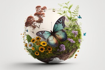 Wall Mural - earth day background with flowers and butterfly, world environment day concept. generative ai
