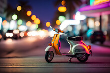 Scooter Moped At Ocean Drive Miami Beach At Night With Neon Lights From Hotels. Neural Network AI Generated Art