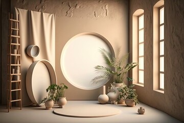 Wall Mural - Abstract beige studio setting for display of products. The only thing in the room were the shadows of the window's flowers and palm leaves. area for making copies Outdoor concert, naturally. Backgroun