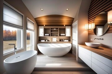 Wall Mural - Bathroom is decorated in beige and features an oval white ceramic tub, a freestanding faucet, a square mirror, a shelf vanity, a sink, and two lamps. Straight grained wood plank flooring. Ideas for co